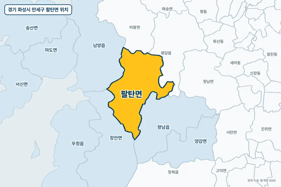 경기 화성시 만세구 팔탄면 위치 지도. 노란색으로 칠한 팔탄면 둘레에 봉담읍, 향남읍, 장안면, 남양읍 이름이 적혀 있다.