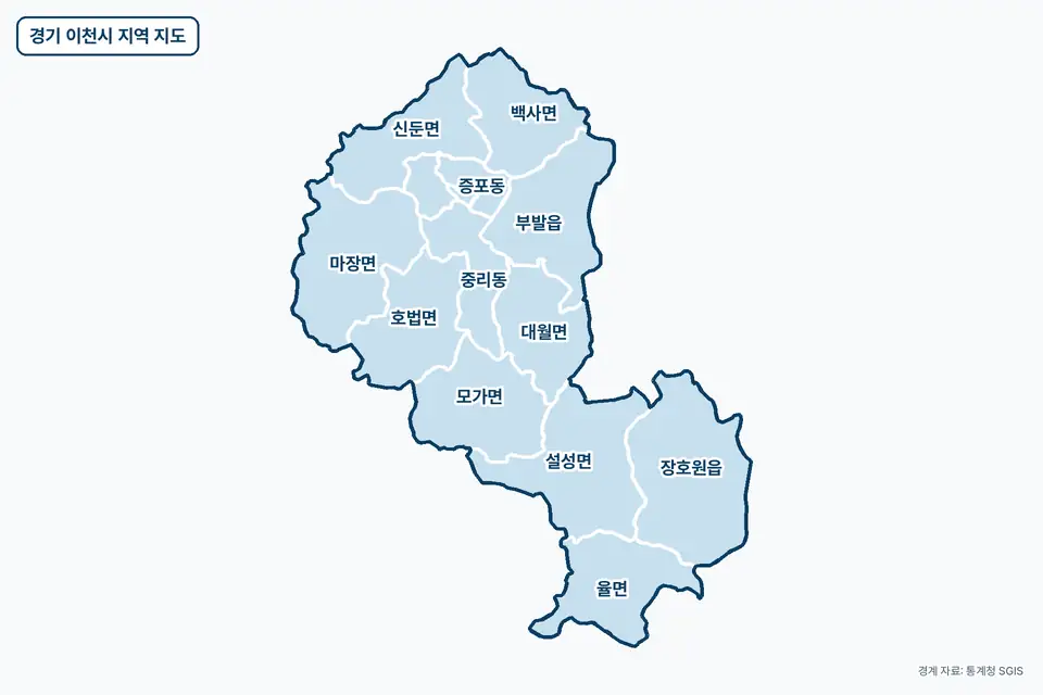 경기 이천시 지역 지도. 장호원읍, 설성면, 마장면, 부발읍 등 14곳이 파란색으로 칠해져 있고 이름이 적혀 있다.
