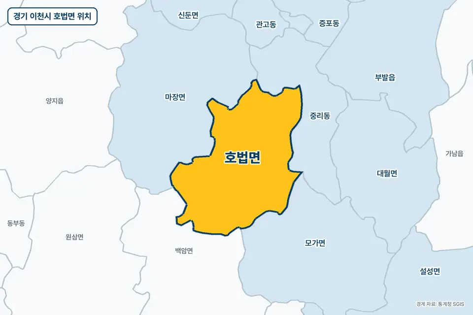 경기 이천시 호법면 지도 그림. 가운데 노란 부분이 호법면이고 주변에 마장면, 중리동, 백암면, 모가면이 보인다.