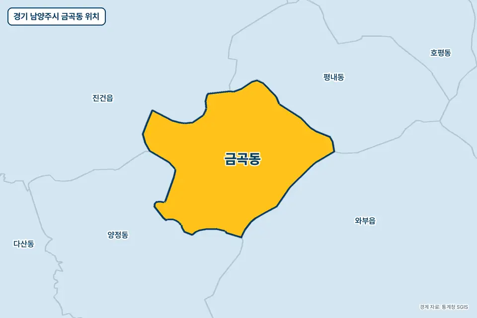 노란색으로 표시한 경기 남양주시 금곡동과 그 둘레의 양정동, 진건읍, 평내동, 와부읍을 그린 지도 그림.