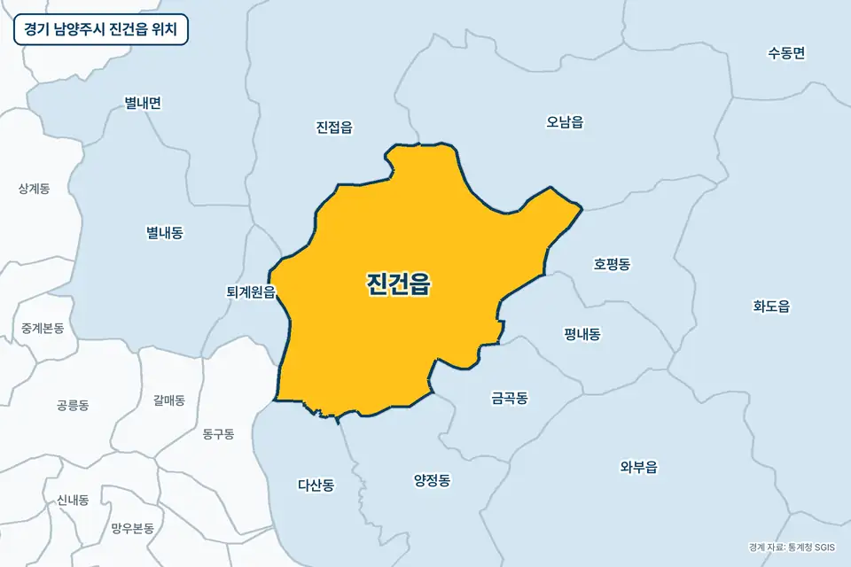 경기 남양주시 진건읍 위치 지도. 노란색으로 칠한 진건읍 둘레에 오남읍, 진접읍, 양정동, 금곡동 이름이 적혀 있다.