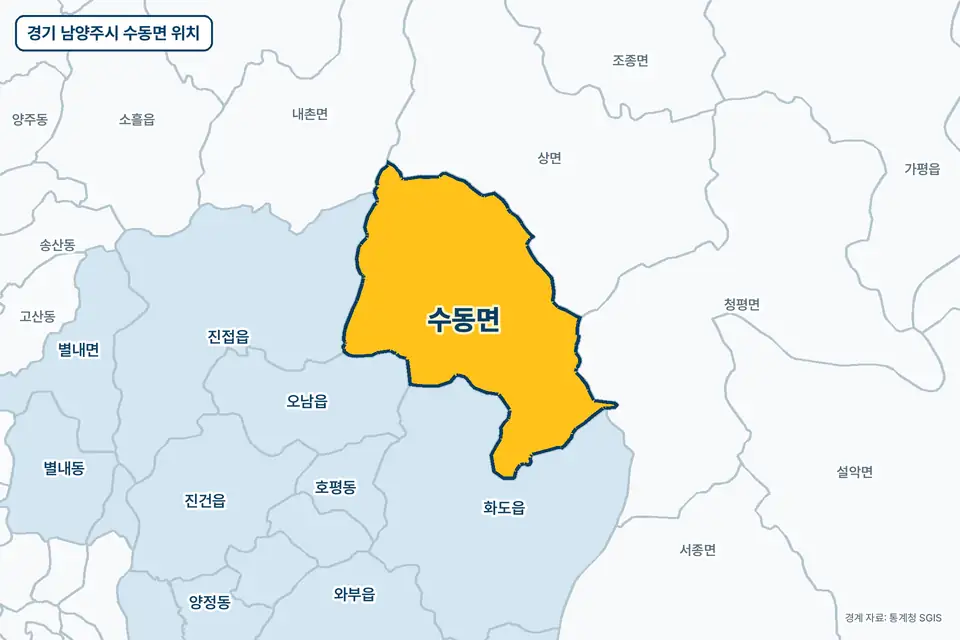 노란색으로 표시한 경기 남양주시 수동면과 그 둘레의 화도읍, 상면, 진접읍, 청평면을 그린 지도 그림.