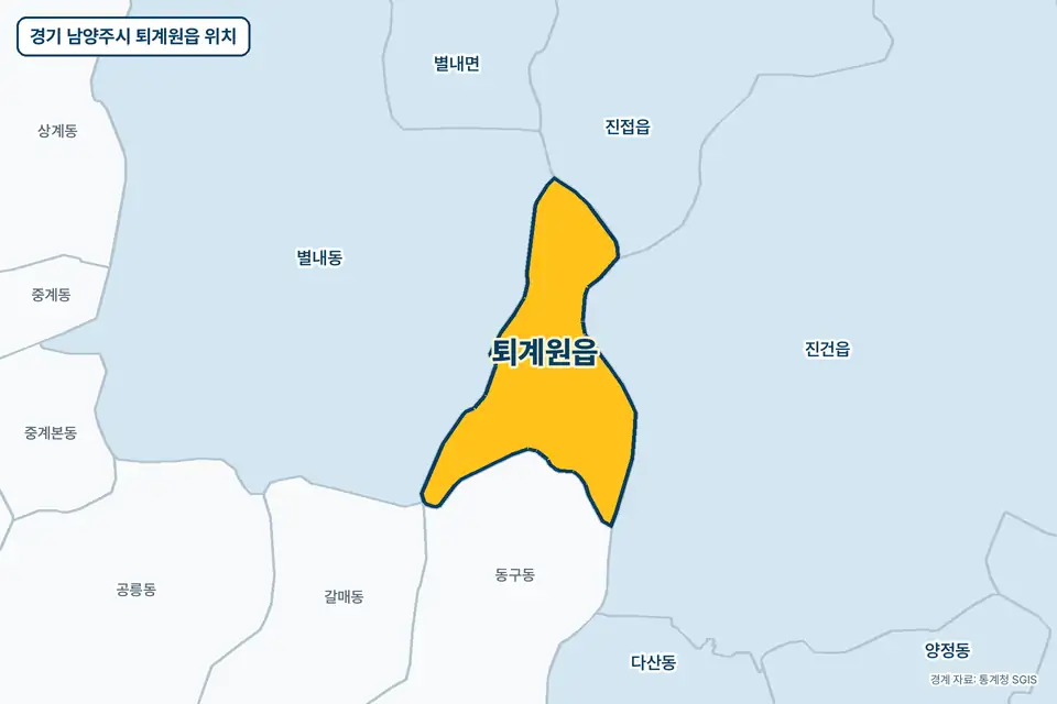 경기 남양주시 퇴계원읍 위치 지도. 노란색으로 칠한 퇴계원읍 둘레에 별내동, 진건읍, 동구동, 진접읍 이름이 적혀 있다.