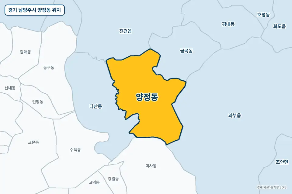 노란색으로 표시한 경기 남양주시 양정동과 그 둘레의 다산동, 와부읍, 금곡동, 진건읍을 그린 지도 그림.