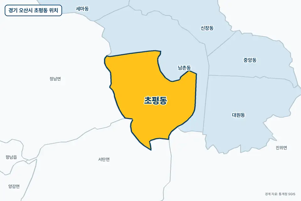 경기 오산시 초평동 지도 그림. 가운데 노란 부분이 초평동이고 주변에 남촌동, 서탄면, 정남면, 진위면이 보인다.