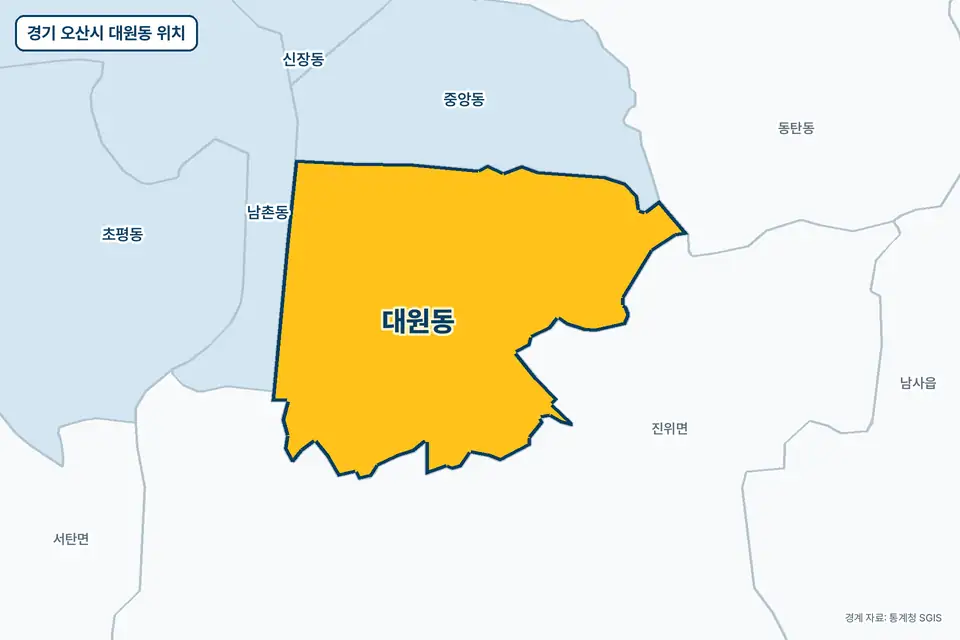 노란색으로 표시한 경기 오산시 대원동과 그 둘레의 진위면, 중앙동, 남촌동, 동탄동을 그린 지도 그림.