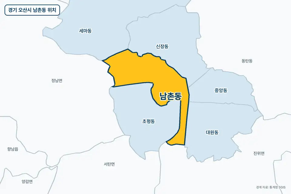 경기 오산시 남촌동 지도 그림. 가운데 노란 부분이 남촌동이고 주변에 초평동, 신장동, 대원동, 정남면이 보인다.