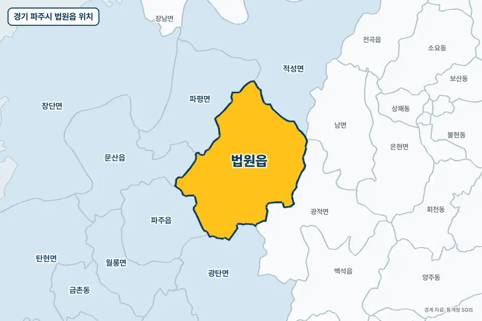 노란색으로 표시한 경기 파주시 법원읍과 그 둘레의 광적면, 파평면, 적성면, 광탄면을 그린 지도 그림.
