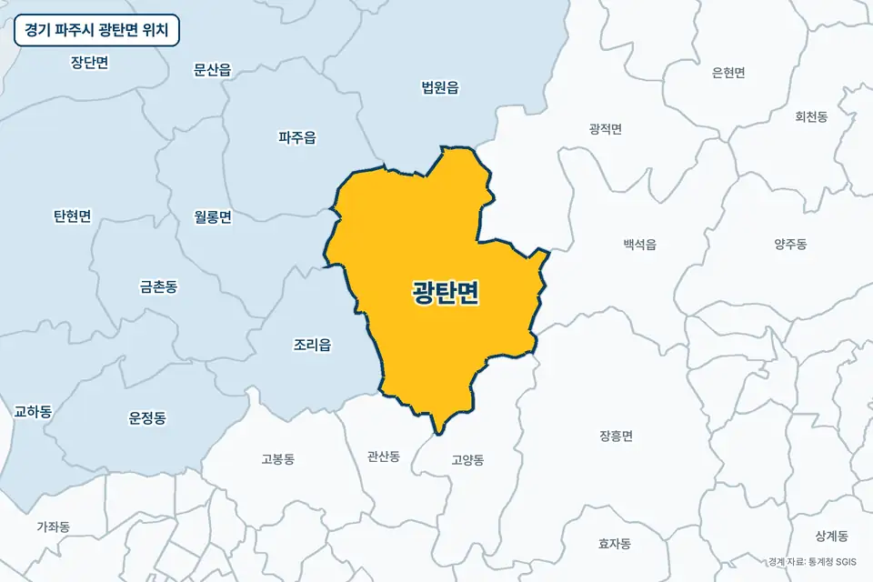 경기 파주시 광탄면 지도 그림. 가운데 노란 부분이 광탄면이고 주변에 광적면, 고양동, 조리읍, 법원읍이 보인다.