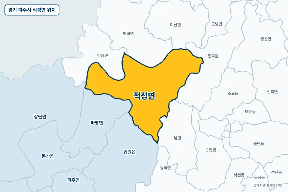 노란색으로 표시한 경기 파주시 적성면과 그 둘레의 장남면, 전곡읍, 파평면, 백학면을 그린 지도 그림.