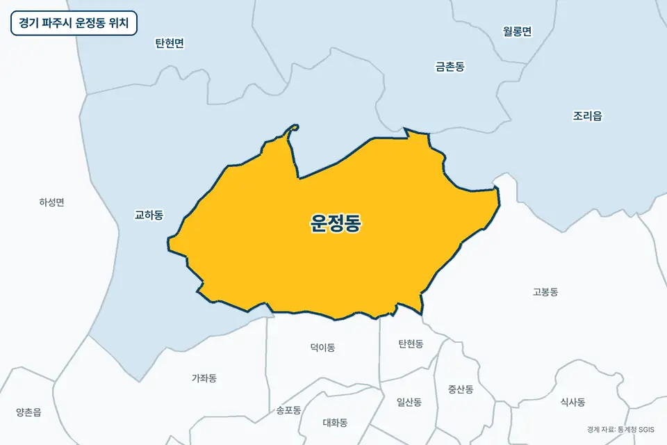 노란색으로 표시한 경기 파주시 운정동과 그 둘레의 교하동, 고봉동, 덕이동, 조리읍을 그린 지도 그림.