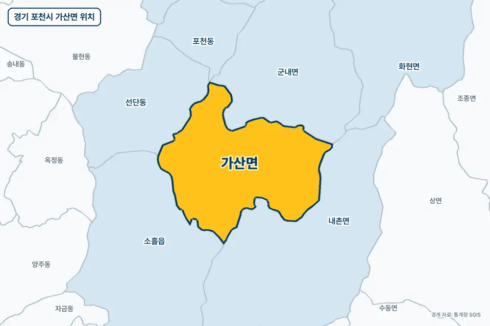 경기 포천시 가산면 지도 그림. 가운데 노란 부분이 가산면이고 주변에 내촌면, 군내면, 소흘읍, 선단동이 보인다.