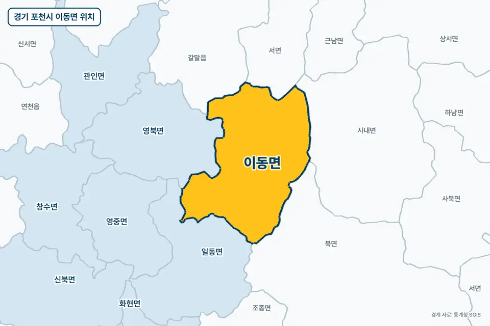노란색으로 표시한 경기 포천시 이동면과 그 둘레의 일동면, 영북면, 북면, 사내면을 그린 지도 그림.