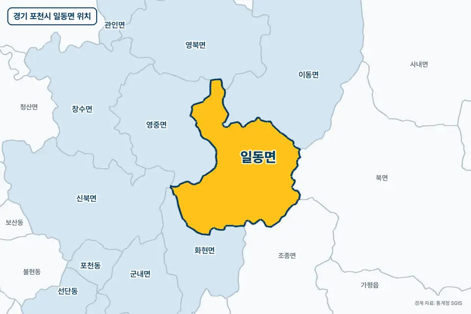 경기 포천시 일동면 지도 그림. 가운데 노란 부분이 일동면이고 주변에 영중면, 이동면, 화현면, 조종면이 보인다.