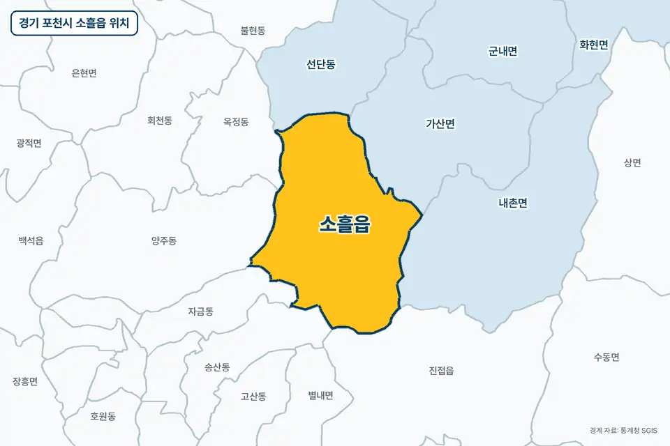 경기 포천시 소흘읍 위치 지도. 노란색으로 칠한 소흘읍 둘레에 가산면, 내촌면, 선단동, 진접읍 이름이 적혀 있다.