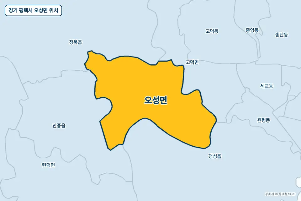 노란색으로 표시한 경기 평택시 오성면과 그 둘레의 팽성읍, 안중읍, 고덕면, 청북읍을 그린 지도 그림.