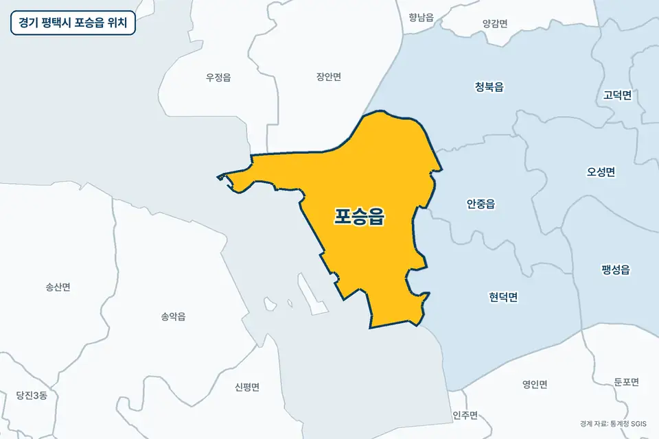 경기 평택시 포승읍 지도 그림. 가운데 노란 부분이 포승읍이고 주변에 현덕면, 장안면, 청북읍, 안중읍이 보인다.