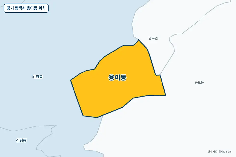 경기 평택시 용이동 위치 지도. 노란색으로 칠한 용이동 둘레에 비전동, 공도읍, 원곡면, 신평동 이름이 적혀 있다.