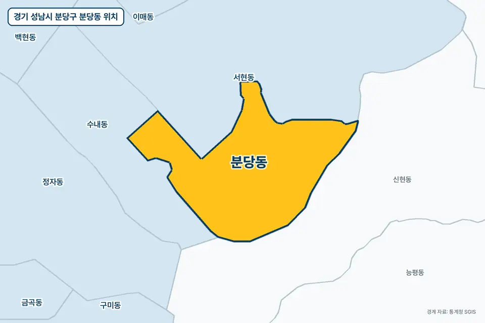 경기 성남시 분당구 분당동 위치 지도. 노란색으로 칠한 분당동 둘레에 서현동, 신현동, 수내동, 정자동 이름이 적혀 있다.