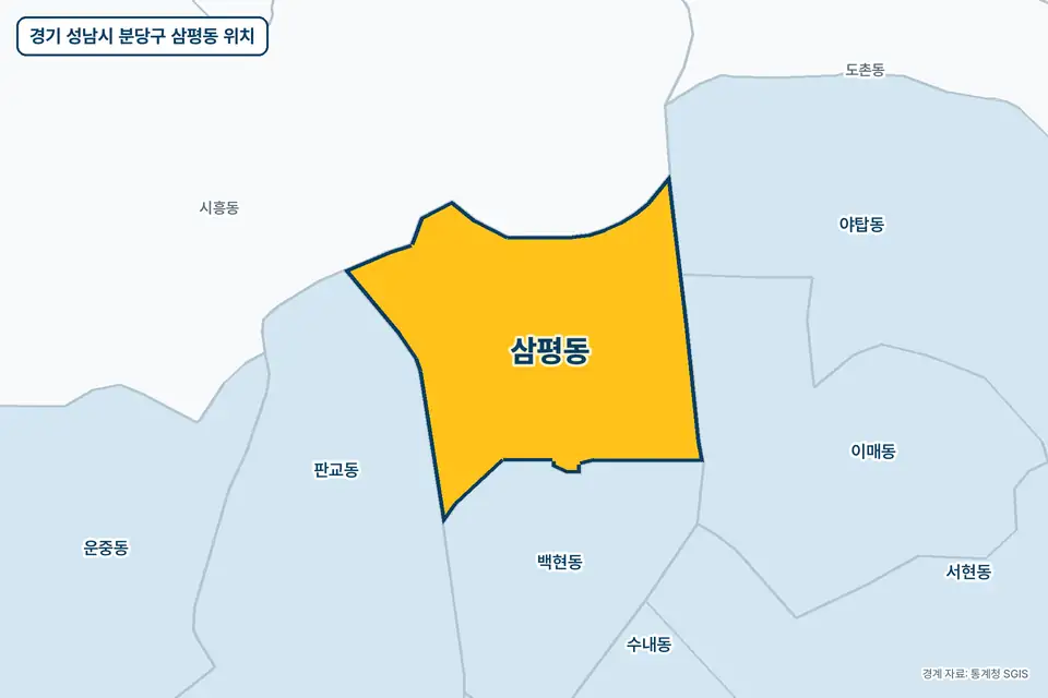 경기 성남시 분당구 삼평동 지도 그림. 가운데 노란 부분이 삼평동이고 주변에 시흥동, 백현동, 판교동, 이매동이 보인다.