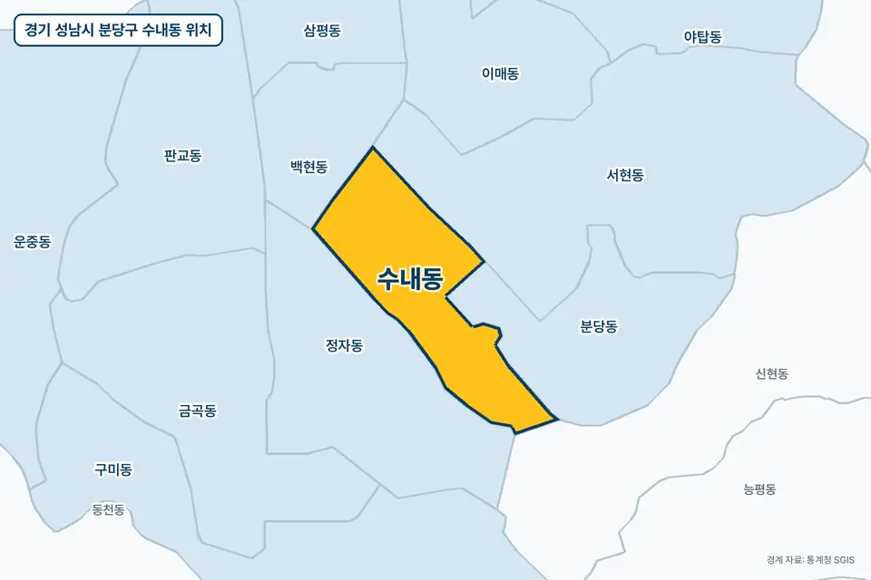 경기 성남시 분당구 수내동 위치 지도. 노란색으로 칠한 수내동 둘레에 정자동, 분당동, 서현동, 백현동 이름이 적혀 있다.