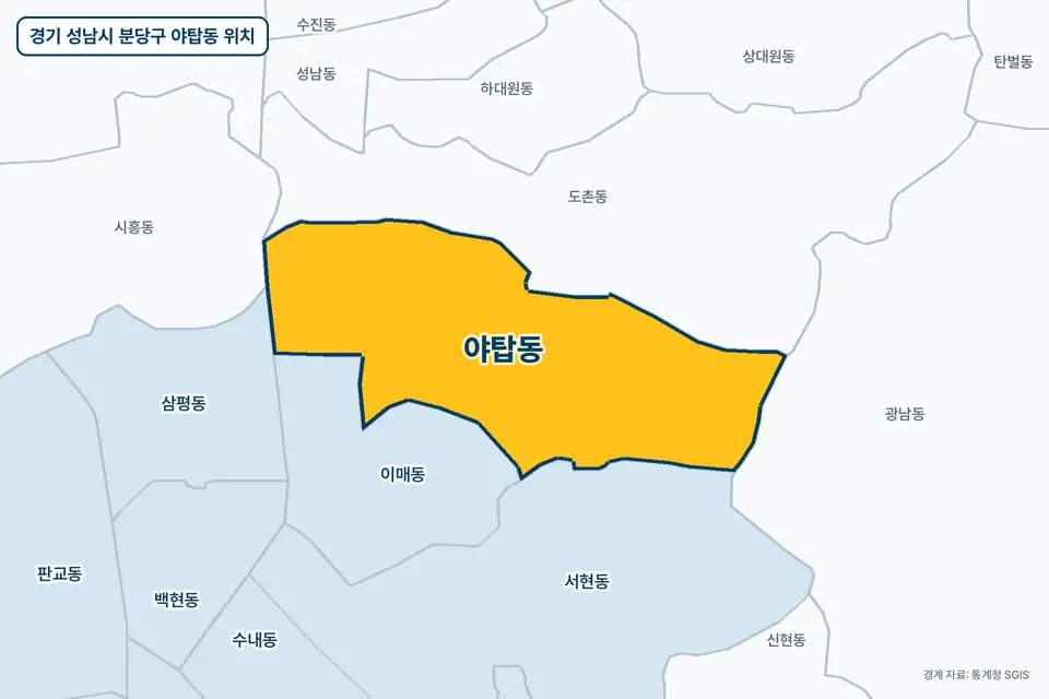 경기 성남시 분당구 야탑동 지도 그림. 가운데 노란 부분이 야탑동이고 주변에 도촌동, 이매동, 서현동, 광남동이 보인다.