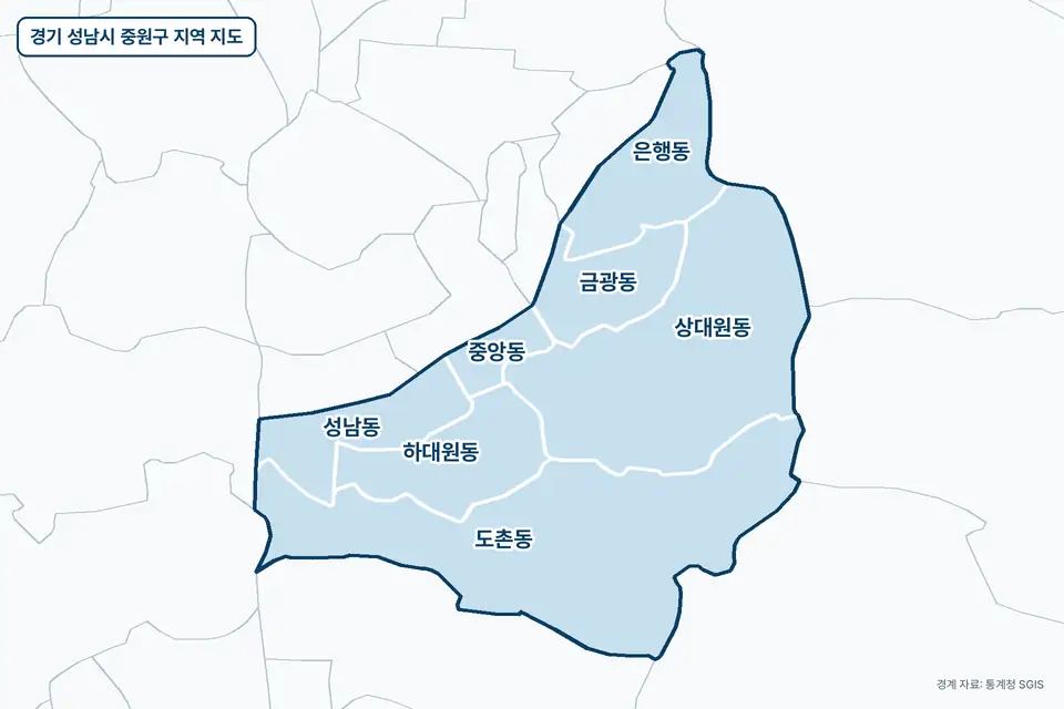 경기 성남시 중원구 지역 지도. 도촌동, 상대원동, 은행동, 하대원동 등 7곳이 파란색으로 칠해져 있고 이름이 적혀 있다.