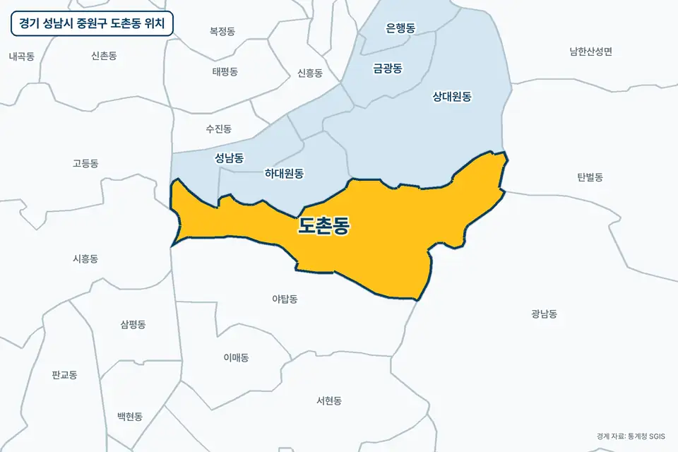 경기 성남시 중원구 도촌동 위치 지도. 노란색으로 칠한 도촌동 둘레에 야탑동, 상대원동, 하대원동, 광남동 이름이 적혀 있다.