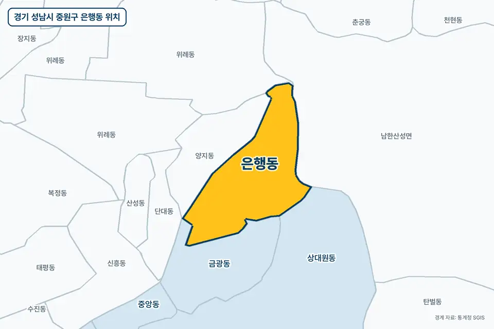 노란색으로 표시한 경기 성남시 중원구 은행동과 그 둘레의 양지동, 금광동, 남한산성면, 상대원동을 그린 지도 그림.
