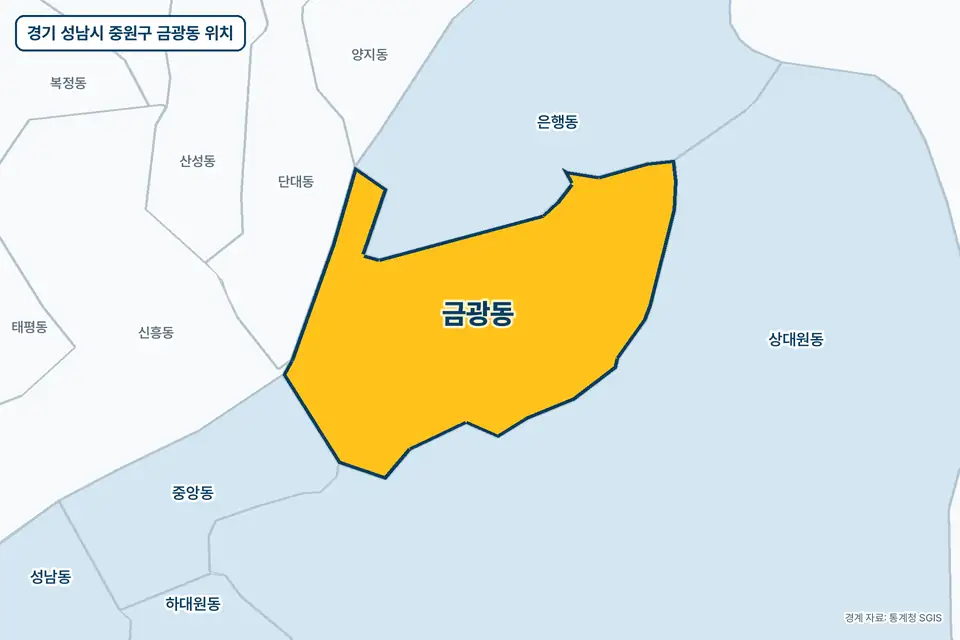 경기 성남시 중원구 금광동 지도 그림. 가운데 노란 부분이 금광동이고 주변에 상대원동, 은행동, 단대동, 중앙동이 보인다.