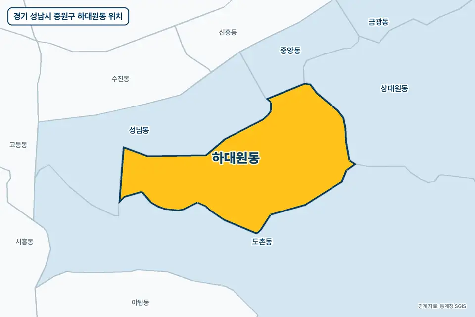 경기 성남시 중원구 하대원동 위치 지도. 노란색으로 칠한 하대원동 둘레에 도촌동, 성남동, 상대원동, 중앙동 이름이 적혀 있다.