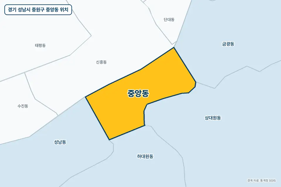경기 성남시 중원구 중앙동 지도 그림. 가운데 노란 부분이 중앙동이고 주변에 신흥동, 상대원동, 성남동, 하대원동이 보인다.