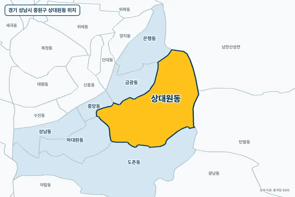 경기 성남시 중원구 상대원동 지도 그림. 가운데 노란 부분이 상대원동이고 주변에 도촌동, 금광동, 남한산성면, 탄벌동이 보인다.