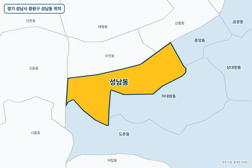 노란색으로 표시한 경기 성남시 중원구 성남동과 그 둘레의 하대원동, 수진동, 도촌동, 중앙동을 그린 지도 그림.