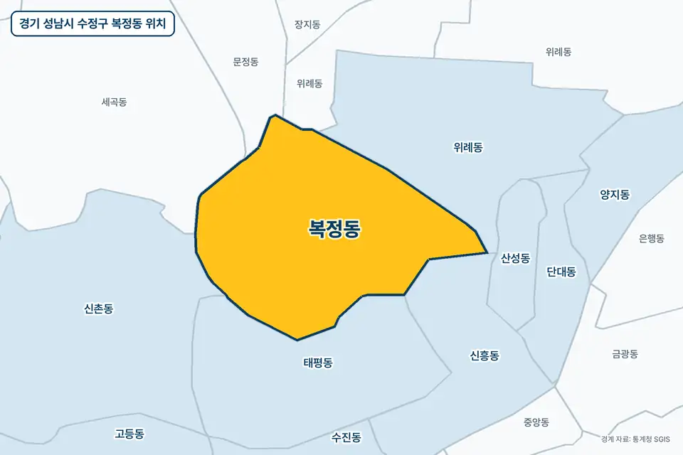 노란색으로 표시한 경기 성남시 수정구 복정동과 그 둘레의 태평동, 위례동, 신흥동, 세곡동을 그린 지도 그림.