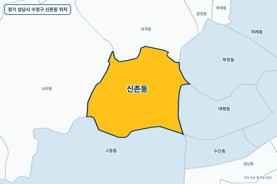 경기 성남시 수정구 신촌동 위치 지도. 노란색으로 칠한 신촌동 둘레에 고등동, 세곡동, 내곡동, 태평동 이름이 적혀 있다.