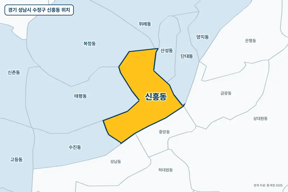 경기 성남시 수정구 신흥동 지도 그림. 가운데 노란 부분이 신흥동이고 주변에 태평동, 중앙동, 복정동, 산성동이 보인다.