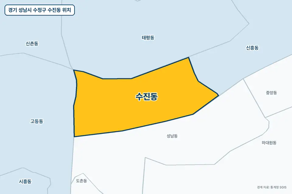 경기 성남시 수정구 수진동 지도 그림. 가운데 노란 부분이 수진동이고 주변에 성남동, 태평동, 고등동, 신흥동이 보인다.