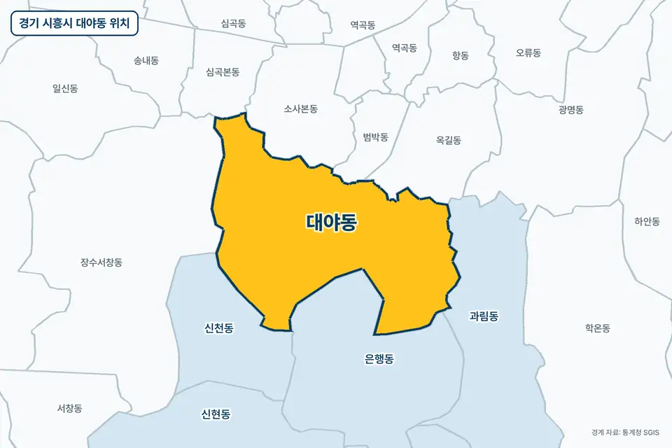 경기 시흥시 대야동 위치 지도. 노란색으로 칠한 대야동 둘레에 은행동, 장수서창동, 소사본동, 신천동 이름이 적혀 있다.