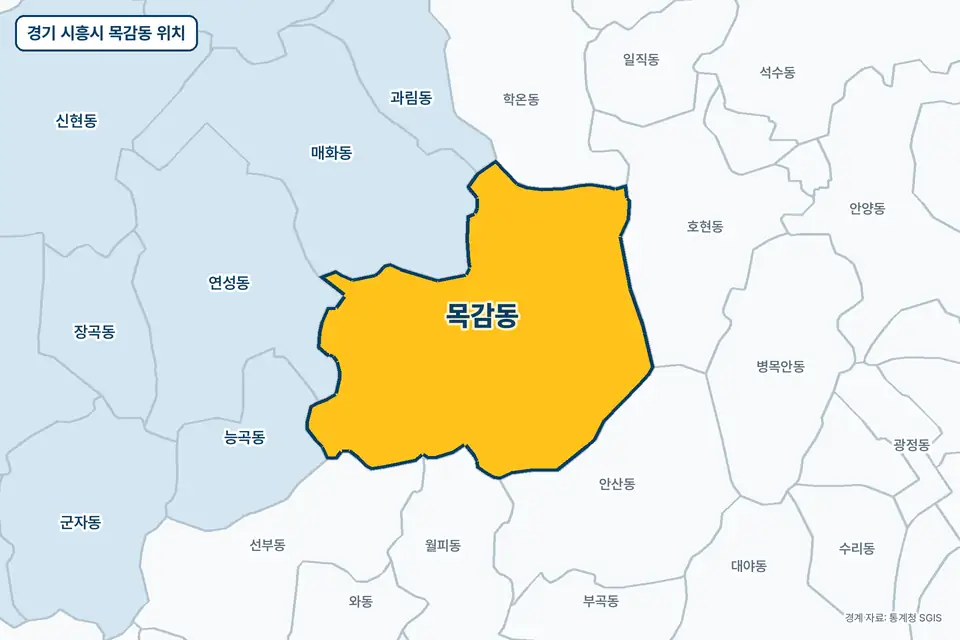 경기 시흥시 목감동 지도 그림. 가운데 노란 부분이 목감동이고 주변에 매화동, 안산동, 호현동, 연성동이 보인다.