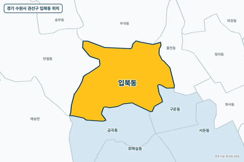 경기 수원시 권선구 입북동 지도 그림. 가운데 노란 부분이 입북동이고 주변에 금곡동, 반월동, 부곡동, 율천동이 보인다.