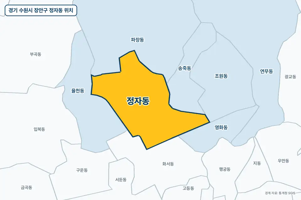 노란색으로 표시한 경기 수원시 장안구 정자동과 그 둘레의 파장동, 율천동, 화서동, 송죽동을 그린 지도 그림.