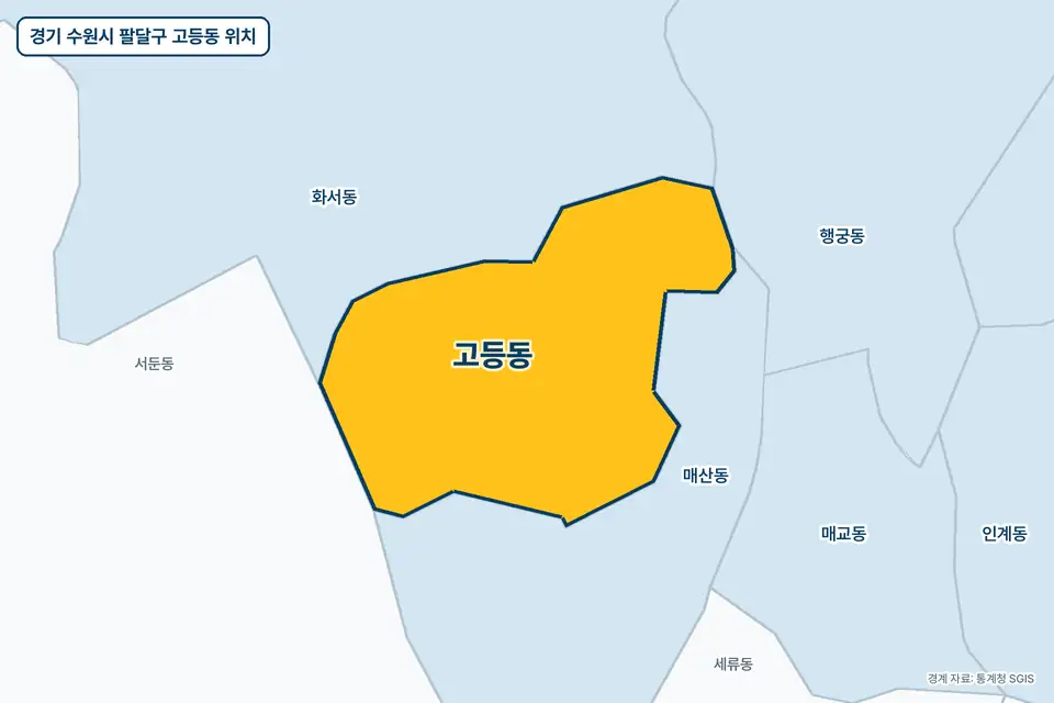 노란색으로 표시한 경기 수원시 팔달구 고등동과 그 둘레의 매산동, 화서동, 서둔동, 행궁동을 그린 지도 그림.