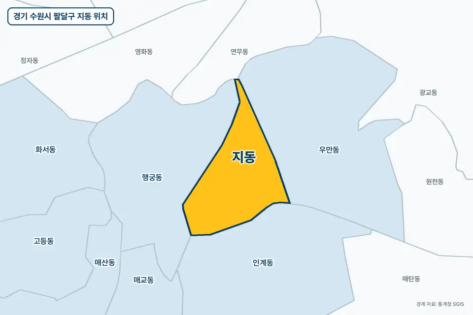 경기 수원시 팔달구 지동 지도 그림. 가운데 노란 부분이 지동이고 주변에 행궁동, 우만동, 인계동, 광교동이 보인다.