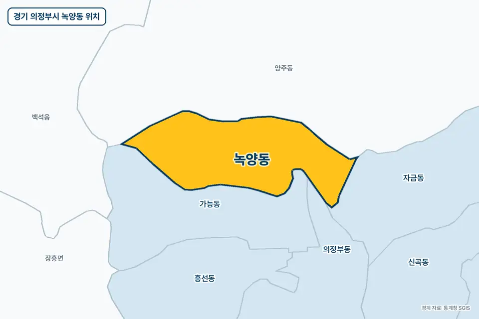 노란색으로 표시한 경기 의정부시 녹양동과 그 둘레의 양주동, 가능동, 자금동, 의정부동을 그린 지도 그림.