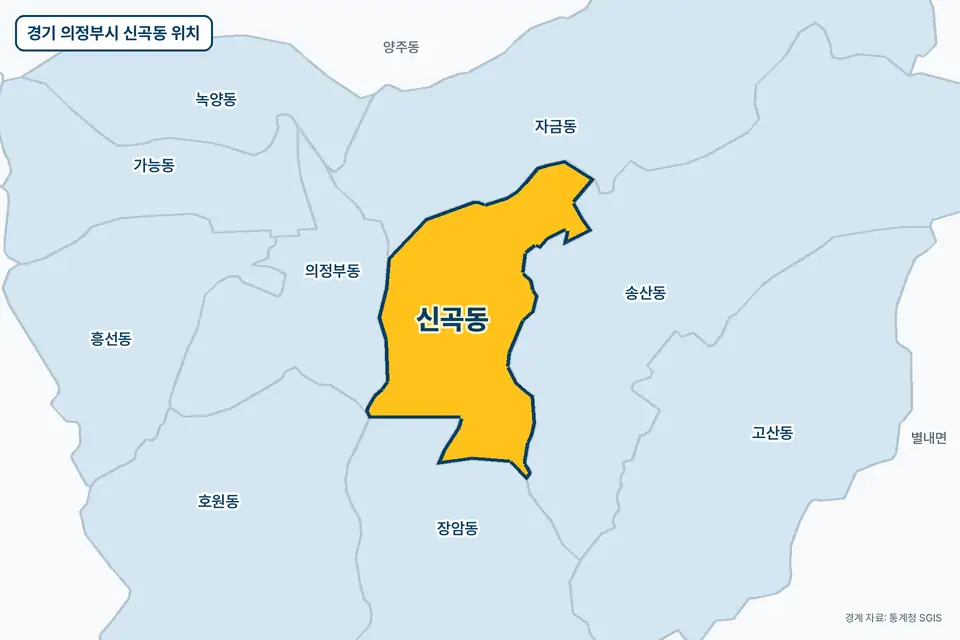 노란색으로 표시한 경기 의정부시 신곡동과 그 둘레의 송산동, 자금동, 장암동, 의정부동을 그린 지도 그림.