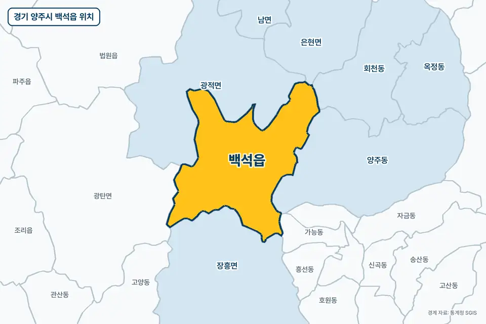 경기 양주시 백석읍 지도 그림. 가운데 노란 부분이 백석읍이고 주변에 광적면, 장흥면, 양주동, 광탄면이 보인다.