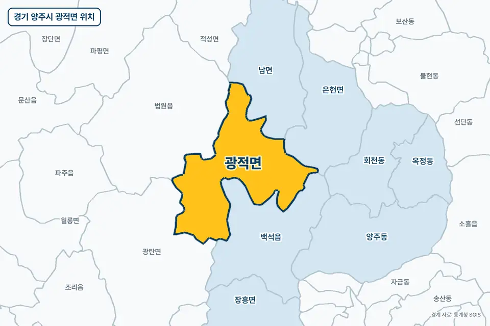 경기 양주시 광적면 지도 그림. 가운데 노란 부분이 광적면이고 주변에 백석읍, 법원읍, 남면, 광탄면이 보인다.