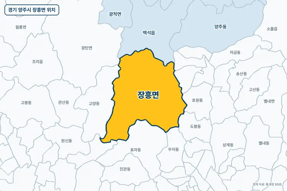 경기 양주시 장흥면 지도 그림. 가운데 노란 부분이 장흥면이고 주변에 고양동, 백석읍, 효자동, 호원동이 보인다.