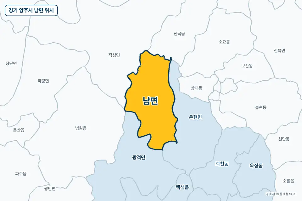경기 양주시 남면 지도 그림. 가운데 노란 부분이 남면이고 주변에 은현면, 광적면, 적성면, 전곡읍이 보인다.